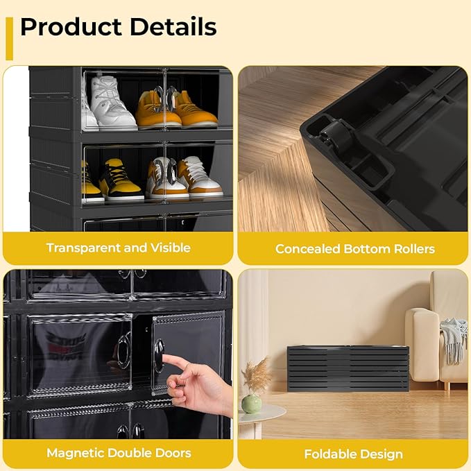 FAHKNS Foldable Shoe Rack, Transparent Shoe Boxes with Magnetic Double Doors, Shoe Organizer Storage for Entryway/Bedroom/Cloakroom, Large Shoe Cabinet with Hidden Bottom Roller 9 Tiers 4 Row (Black)