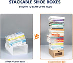 Shoe Box 12 Pack,13.2 x 8.3 x 5.1in Waterproof Storage Boxes, Socks, Stationery, Toys, Underwear,Heavy Duty,Stack-able Cardboard Boxes,with Marking Labels,Transparent Window