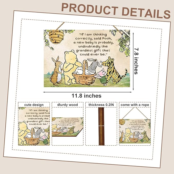 Hatzelou 1PCS Classic Winnie Baby Shower Centerpiece, Winnie Quotes Wall Hanging Sign, the Pooh Wall Sign Gifts, Adorable Winnie Sign for Home Bedroom Nursery, Perfect for Baby Shower Party Decor