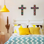 Pinkunn 2 Pcs Mexican Floral Cross Wall Decor Mexican Wall Art Hand Painted Decorative Inspirational Wooden Floral Cross Spanish Crucifix Decor for Home Room Church Decoration