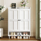 White 7+1 Tier Farmhouse Shoe Storage Cabinet - 45" Tall Entryway Organizer with Cross Molding Doors, 3 Adjustable Shelves & Metal Legs, Shoe Rack for Front Door Entrance