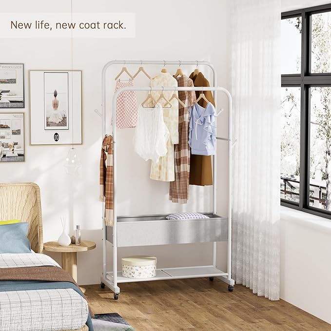 Clothes Garment Coat Rack Drying Clothing Racks Metal Freestanding for Hanging Clothes Portable Closet for Laundry Bedroom White