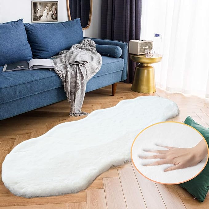White Faux Bunny Fuzzy Fur Rugs for Bedroom Living Room Shag Washable Furry Area Rug 2x6 Nursery Shaped Rug Teen Room Décor