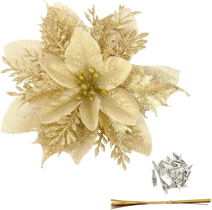 Gardeningwill Pack of 12 Gold 5 Inch Glitter Flower Shape Christmas Hanging Ornaments Party Decorating Supplies