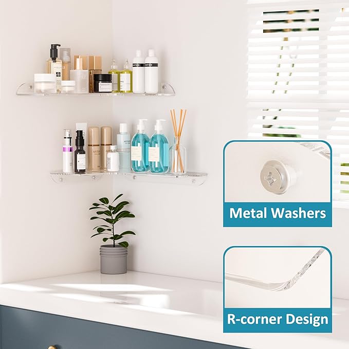 Sezanrpt 8x11.8 Inch Clear Corner Shelf Wall Mount Set of 2, Acrylic Corner Floating Shelves, Wall Organizer Shelf for Bathroom, Kitchen, Bedroom, Living Room, Dining Room, Office