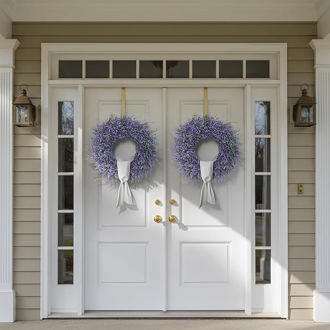 26" Artificial Lavender & Eucalyptus Wreath with Sash for Front Door, Porch, Window - Large Greenery Outdoor Wreath for Home, Farmhouse Decor - Spring, Summer, All Seasons (Purple)