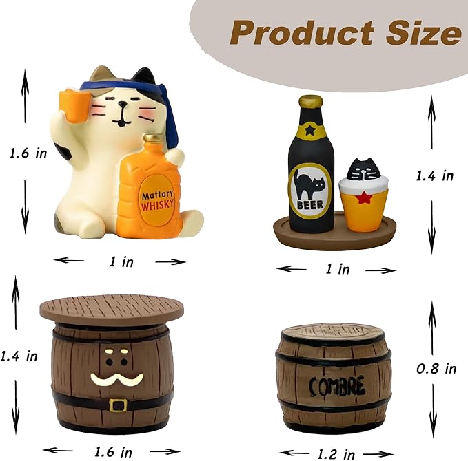 Funny Mini Cat Drinking Figurines Set - Resin Cat with Miniature Beer & Whiskey Barrel Figure for Desk Shelf Home Bar Decor, Unique Cat Lover Gift (Barrel Set)