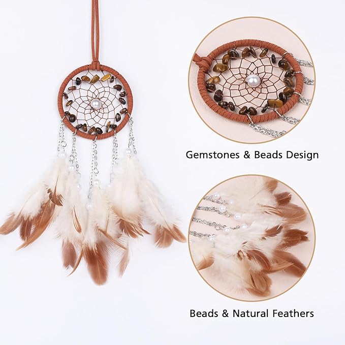 Pretty Jolly Crystal Stone Small Dream Catchers Brown Feathers Mini Dreamcatchers with Beads for Cars Rear View Mirror Hanging Decoration Good Luck Travel Charm Bedroom Ornaments for Women Girls