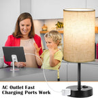 ZJOJO Table Lamp for Bedroom Set of 2, Bedside Small Lamps with 3 Way Dimmable Rocker Switch and AC Outlet, Nightstand Desk Lamp with Flaxen Fabric Shade Black Base for Living Room Home Decor Lights