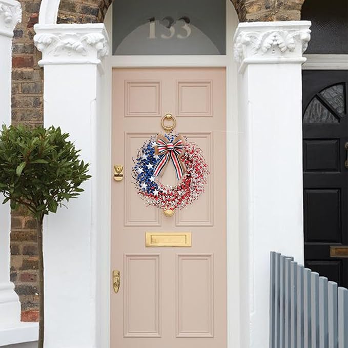 4th of July Wreath 22 inch, Patriotic Wreath for Front Door, Red White Blue American Independence Day Memorial Day Flag Day Indoor Outdoor Decor