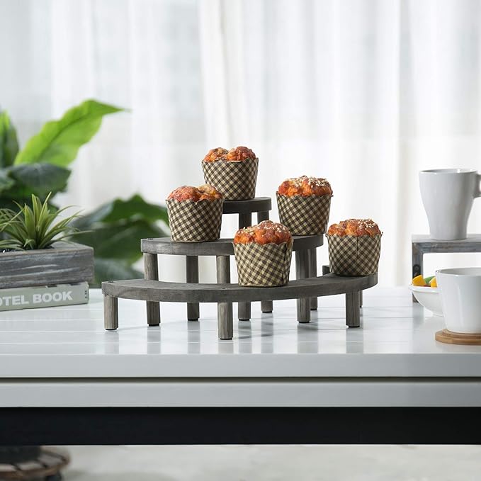 MyGift 3 Tier Cupcake Stand, Vintage Gray Weathered Solid Wood Semicircle Dessert Appetizer Stands, Tiered Platform Display Risers for Spice Jars Cosmetics, 3-Piece Set