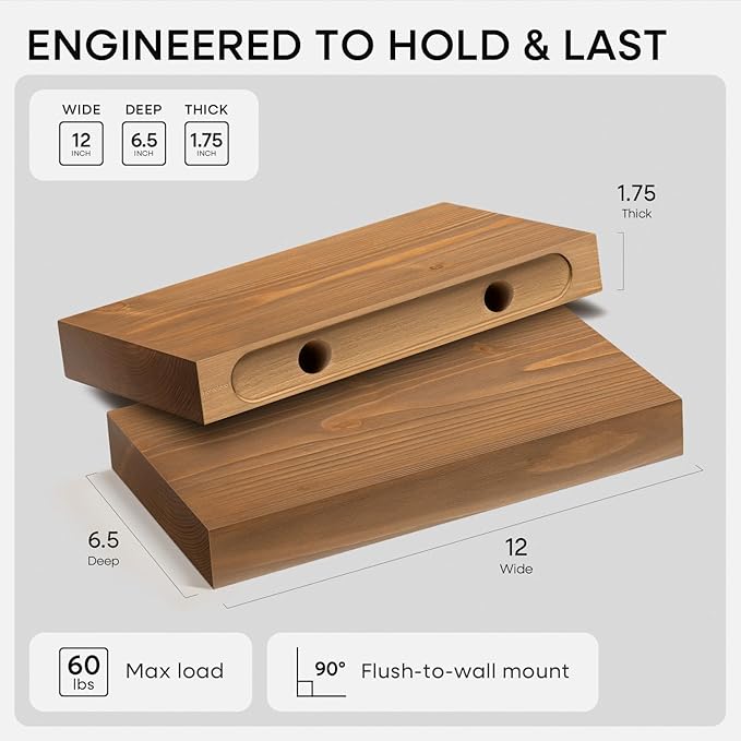 Homeforia 12 inch Golden Oak Floating Shelf, High End Solid Real Wood 12inch Small Floating Shelves for Wall Mounted, Oak Wooden 12in Floating Shelves, Heavy Duty Bracket, 12 X 6.5 X 1.75 in, Set of 4