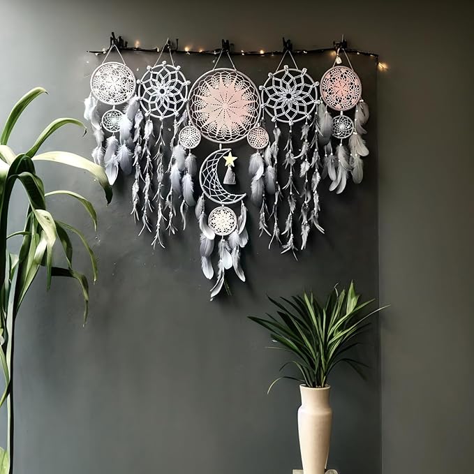 5 Pack Moon Phase Dreamcatcher Set Boho Wall Decor, Boho Macrame Wall Hanging Dream Catchers, for Home, Bedroom, Living Room, Witchy Gifts (Flower Color)