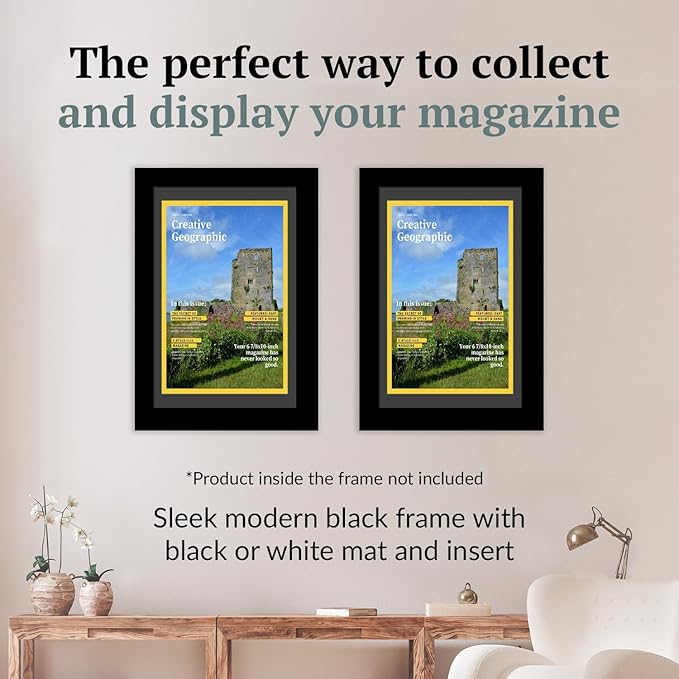 Creative Picture Frames 10.5 x 12.5 Magazine Frame with Full-Strength Glass, Holds Up To A 1/4" Thick Media with Installed Hangers for Easy Mounting, 12x14 Manhattan Black Frame with White Mat