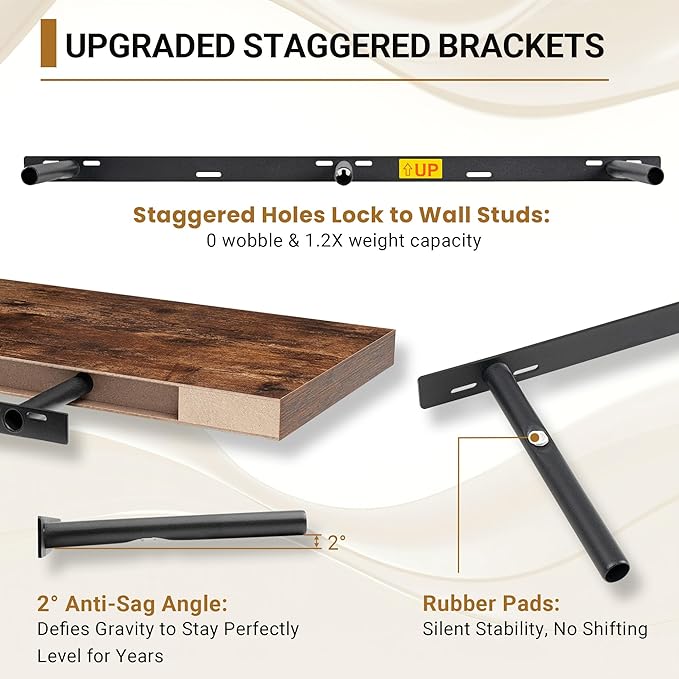 Vivelove 55x12 Floating Shelves, Deep Floating Shelves for Wall with Invisible Brackets, for Living Room Bedroom, Farmhouse Rustic Shelves Home Decor, Set of 2, Rustic Brown