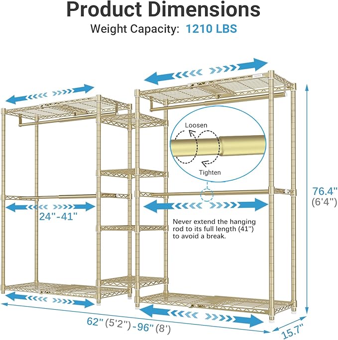 VIPEK X3 Expandable Heavy Duty Clothes Rack Adjustable from 5'2" to 8' with Adjustable Shelves and Hanger Rods, Large Freestanding Clothing Racks Reach-in & Walk-in Closet, Max Load 1210LBS, Gold