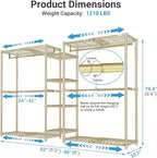 VIPEK X3 Expandable Heavy Duty Clothes Rack Adjustable from 5'2" to 8' with Adjustable Shelves and Hanger Rods, Large Freestanding Clothing Racks Reach-in & Walk-in Closet, Max Load 1210LBS, Gold