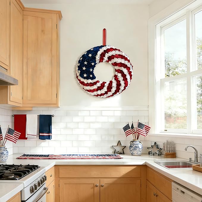 Idyllic 20 Inch Patriotic Wreath for Front Door, 4th of July Wreath with Red White Blue Silk Roses & Metal Stars, Memorial Day Day Decorations for Home Wall Porch Window