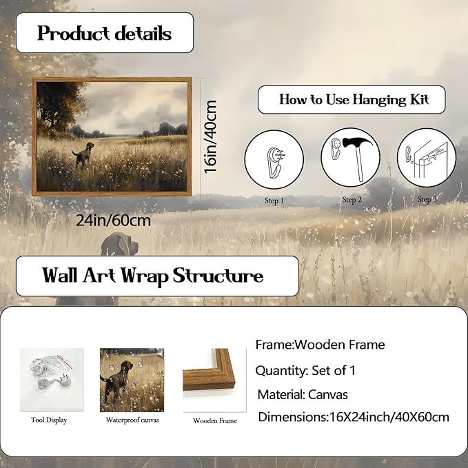 Framed Vintage Hunting Black Dog Wall Art, Rustic Country Landscape Pictures Wall Decor, Farmhouse Animal Paintings Canvas Prints for Home Living Room Bedroom 16x24 inch