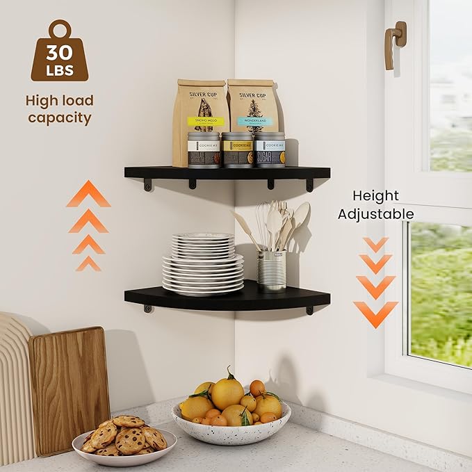 Fun Memories Corner Shelf Wall Mount Set of 2 - Solid Oak Wood Floating Corner Shelf with Cable Hole, 10in Rustic Design for Bedroom, Living Room, Kitchen (Black)