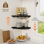 Fun Memories Corner Shelf Wall Mount Set of 2 - Solid Oak Wood Floating Corner Shelf with Cable Hole, 10in Rustic Design for Bedroom, Living Room, Kitchen (Black)