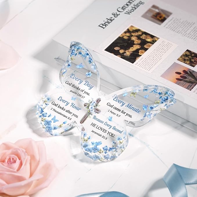 Christian Gifts for Women Faith, Butterfly Acrylic Plaque Sign, Religious Gifts for Women on Mothers Day Birthday Christmas, Spiritual Present for Female Friend Family, 5x3.8x0.5 Inch - Blue