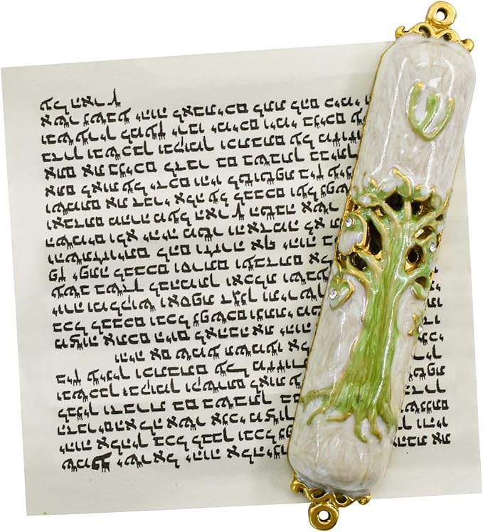 Mezuzah with Scroll for Door, Enamel&Zinc Alloy Blessing Mezuzah Case for Door, Colored Painted Mezuzha Scroll Kosher for Jewish Gifts/Jewish Decor, Christmas (Green)
