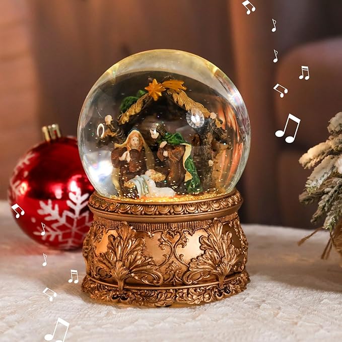 Christmas Snow Globe Musical - Nativity Snowglobe Vintage Water Snow Globes LED Light Change Music Box Home Christmas Decor for Kids Gold