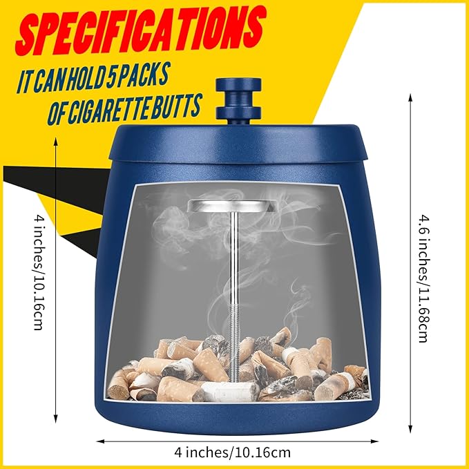 HARTAR Smokeless Ashtrays for Cigarettes Indoor, Ash Tray Sets Outdoor Windproof Cute Home Large Funny Metal Outside Ashtray with Lid for Cigarettes Butt Can for Outside Patio, Blue, Large