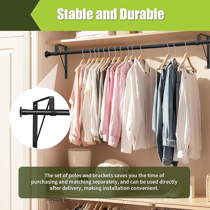 Closet Rod, 17 to 87 Inch Closet Rods 1.3 Inches Heavy Duty Closet Rod Adjustable Closet Rod Closet Rods for Hanging Clothes and Heavy Duty Clost Rod Bracket Closet Rod Support (Black)