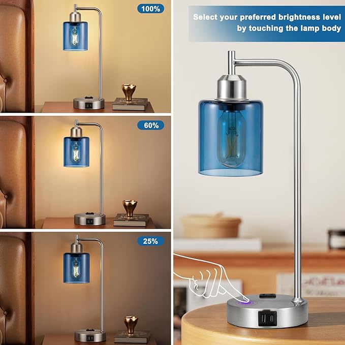 Innqoo Industrial Blue Table Lamps for Bedrooms Set of 2-3-Way Dimmable Desk Lamp with USB C+A Ports and Outlet, Nickel Lamps with Green Glass Shade for Living Room
