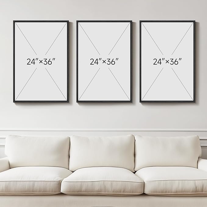 Large Framed Boho Floral Wall Art for Living Room, 3 Piece Mid-Century Modern Abstract Botanical Canvas Painting Prints Artwork for Walls, Black and White Flowers for Bedroom Hallway Office, 24x36