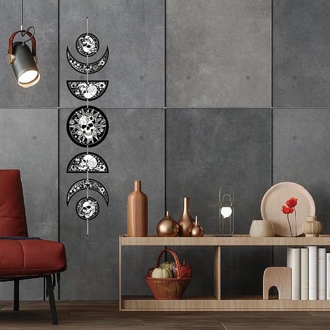 CREATCABIN 7Pcs Skulls Moon Phase Hanging Moon Cycle Wall Hanging Wooden Half Round Moon Ornament Ramadan Halloween Fall Home Decor Gifts for Bedroom Farmhouse Gallery Apartment Bar 37.1x6.3in