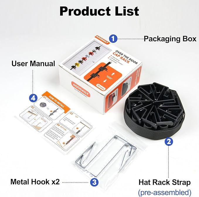 Hat Rack for Door - Two-Way Hanging Caps with Display Hooks and Hanger, Hat Organizer for Baseball Caps, Over the Door Hat Storage Organizer for Bedroom, Entrance or Garage Doors - 1 Pack