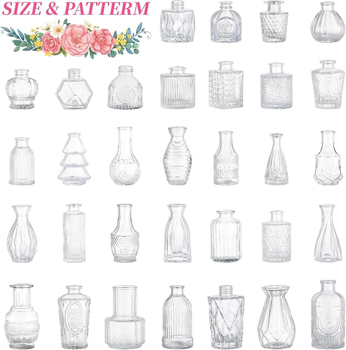 32pcs Glass Bud Vases,Small Clear Vases,Wedding Centerpiece Table Decorations,Clear Vintage Embossed Mini Vase,Flower Arrangements in Vases for Party or Home Decor