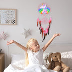 Basumee Dream Catcher for Kids Feather Dream Catchers Handmade Home Decor Wall Hanging with Double Ring for Nursery Bedroom Boys Room, Rainbow Unicorn