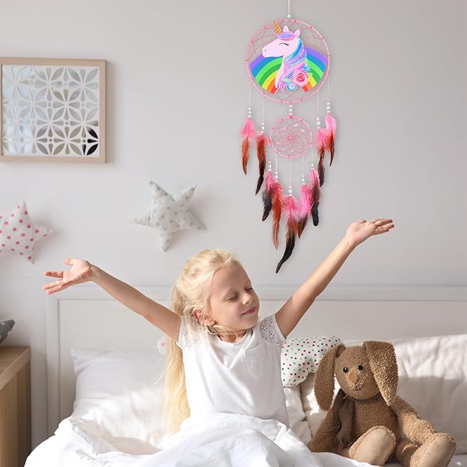 Basumee Dream Catcher for Kids Feather Dream Catchers Handmade Home Decor Wall Hanging with Double Ring for Nursery Bedroom Boys Room, Rainbow Unicorn
