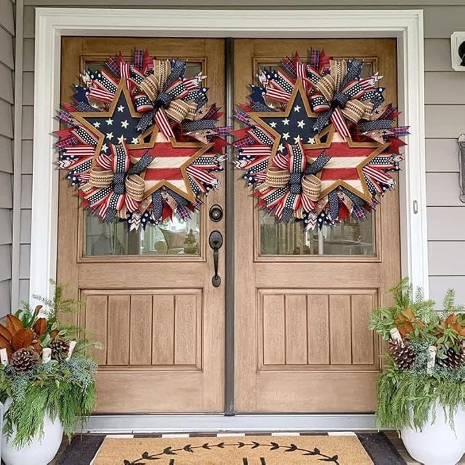 Patriotic Wreaths for Front Door, New 250th Anniversary Decorations, 4th of July Decorations Outdoor, Handcrafted Memorial Day Wreaths, Festival Celebration USA Flag Printed Wreath (C)