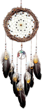Tree of Life Dream Catcher, Handmade Woven Traditional Craft Rattan Dream Catchers Wall Hanging Ornament,7 Chakras Crystal Healing Stones Art for Bedroom Decor, Festival Blessing Gift (Dark Brown)
