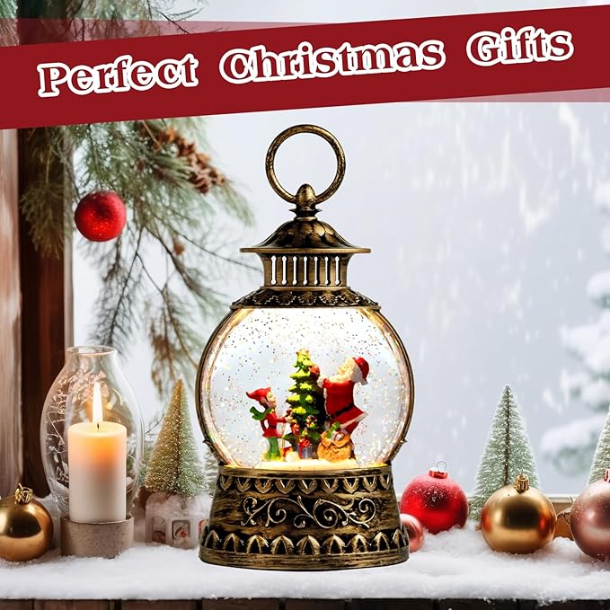 Christmas Santa Snow Globe, Christmas Musical Snow Globe Lantern Lights with 6H Timer Battery & USB Powered, Retro Style Holiday Glitter Globe for Xmas Home Decoration Holiday Party Gifts