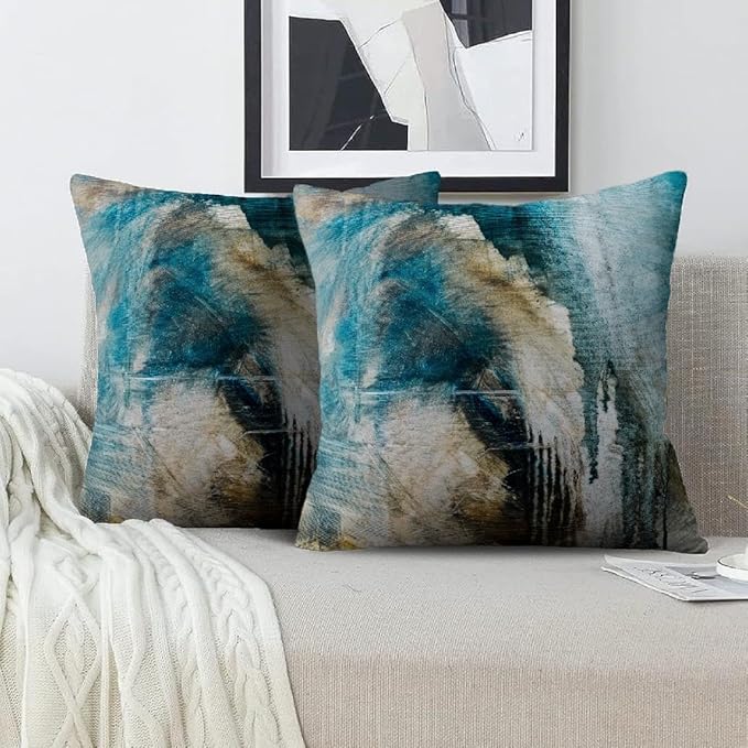 Teal Abstract Art Artwork Pillow Cover, Gallery Modern Decorative Throw Pillows Cushion Cover for Bedroom Sofa Living Room 18 x 18 Inch Set of 2