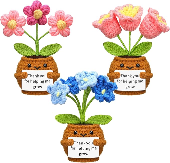 Wavwavw 3 Pack Teacher Appreciation Gift Positive Flower Handmade Crochet Doll Thank You for Helping Me Grow Gifts Back to School Gifts for Women Teacher(Puff Flower, Bell Orchid, Forget Me Not)
