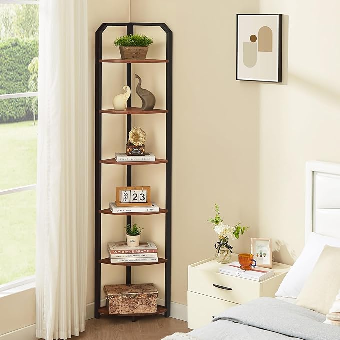 MNEETRUNG 71" Corner Shelf,6 Tier Industrial Corner Bookshelf, Freestanding Shelf Stand for Small Space,Home Office,Living Room,Bedroom,Brown