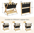 Full Assembled 26.77"L Luggage Rack for Guest Room, Set of 2 Foldable Suitcase Stand with 5 Nylon Straps & Cloth Bag, Luggage Stand Holder with Shoe Shelf for Suitcases Hotel (Natural Wood Bamboo)