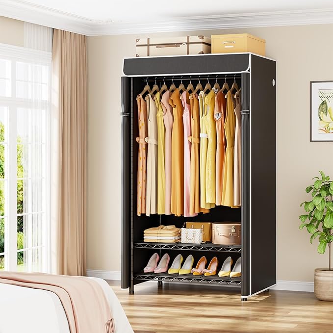 H5C Clothes Rack with Cover, Portable Closet for Hanging Clothes, Covered Clothing Racks Heavy Duty, Freestanding Garment Racks with Shelves Max Load 360LBS Black Closet Rack with Black Cover