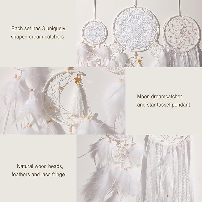 5 Pack Boho Dream Catcher Wall Hanging - White Handmade Dream Catchers Large Small Wall Decor for Bedroom Adult Sun and Moon Bohemian Hanging Decor Wedding Party Decoration for Women Teen Girls