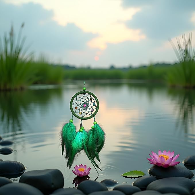 Green Small Dream Catcher with Feathers Wall Hanging Ornament Indian Style Decoration Wind Chimes for Car Home Wall Decor