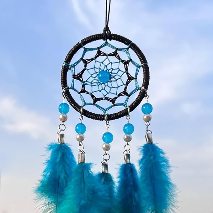 Rear View Mirror Accessories Small Dream Catcher for Car, Turquoise Blue Mini Dreamcatcher for Rearview Mirror Hanging