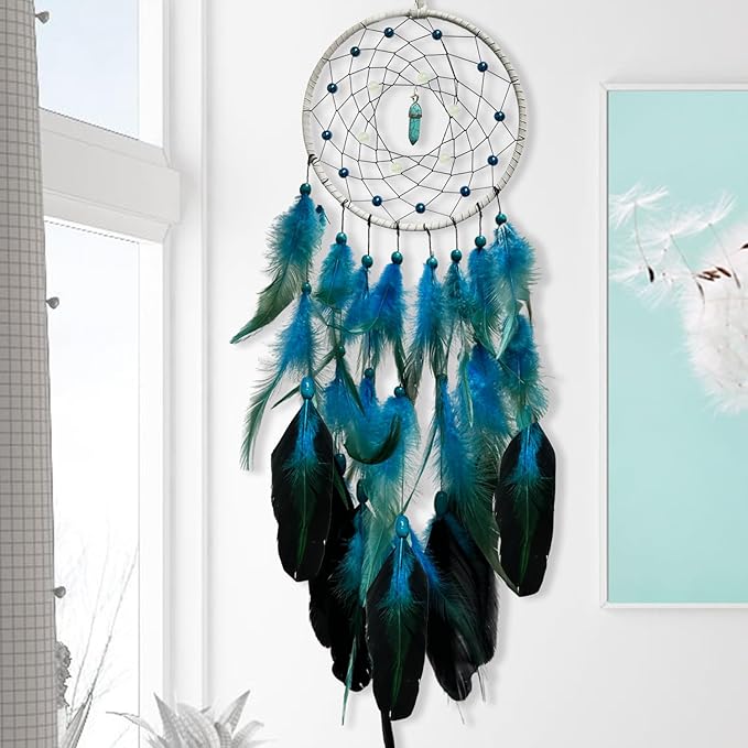 Blue Dream Catchers Glow in The Dark Turquoise Gem Dreamcatcher for Boys Girls Kids Bedroom Handmade Decor Wall Hanging