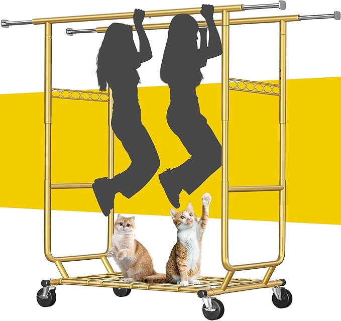 Raybee Clothes Rack Load 630LBS, Heavy Duty Clothes Rack, Rolling Clothing Racks for Hanging Clothes with Wheels, Adjustable & Commercial Garment Rack, 22" D x 75" W x 68" H, Gold